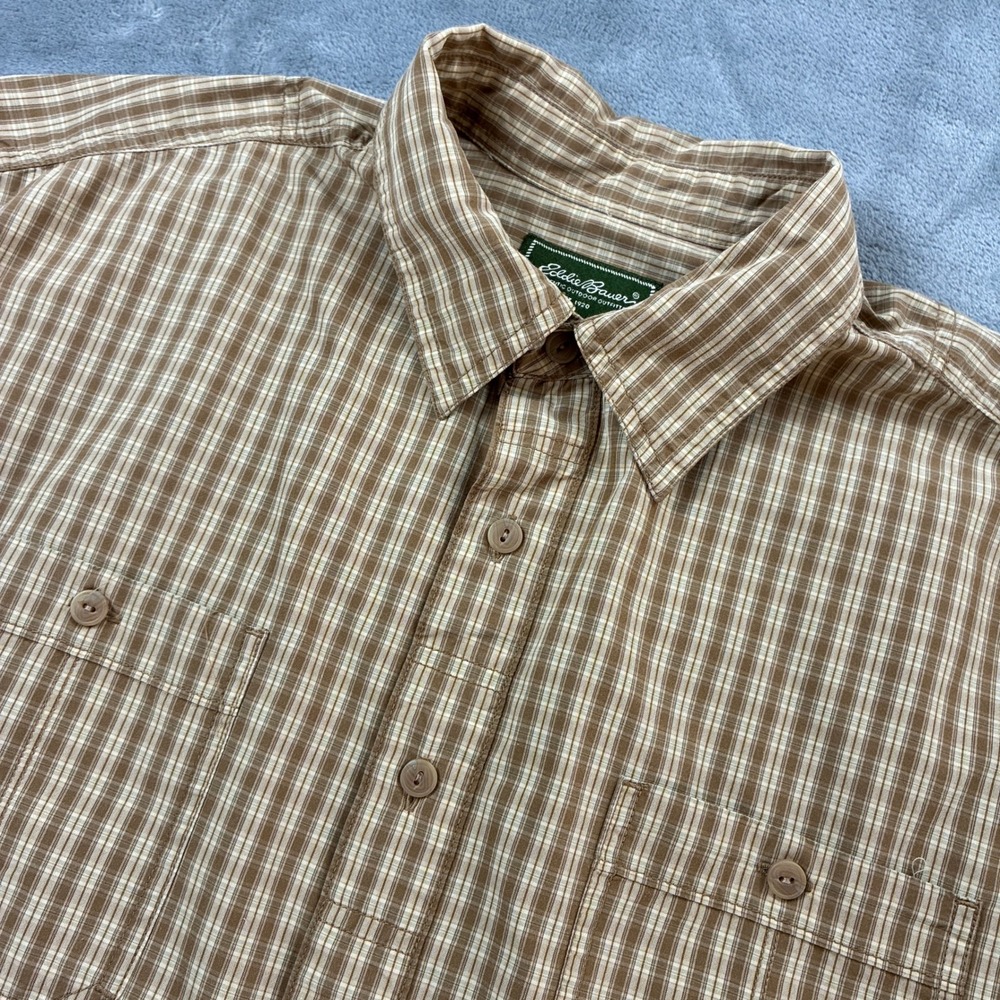Eddie Bauer Mens XL Brown Plaid Short Sleeve Button Down Shirt Cotton Nylon